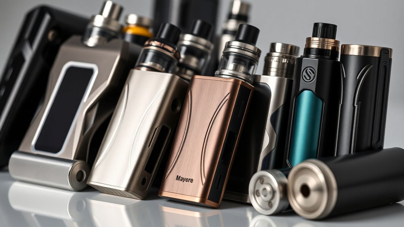 Moderne Akkuträger und Vape-Mods in verschiedenen Designs.