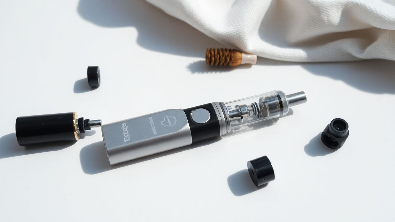 Saubere E-Zigarette mit Reinigungswerkzeugen auf weißem Hintergrund.