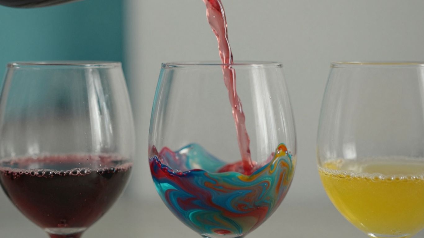 Bunte Flüssigkeiten werden in Gläser gegossen, künstlerische Muster entstehen.