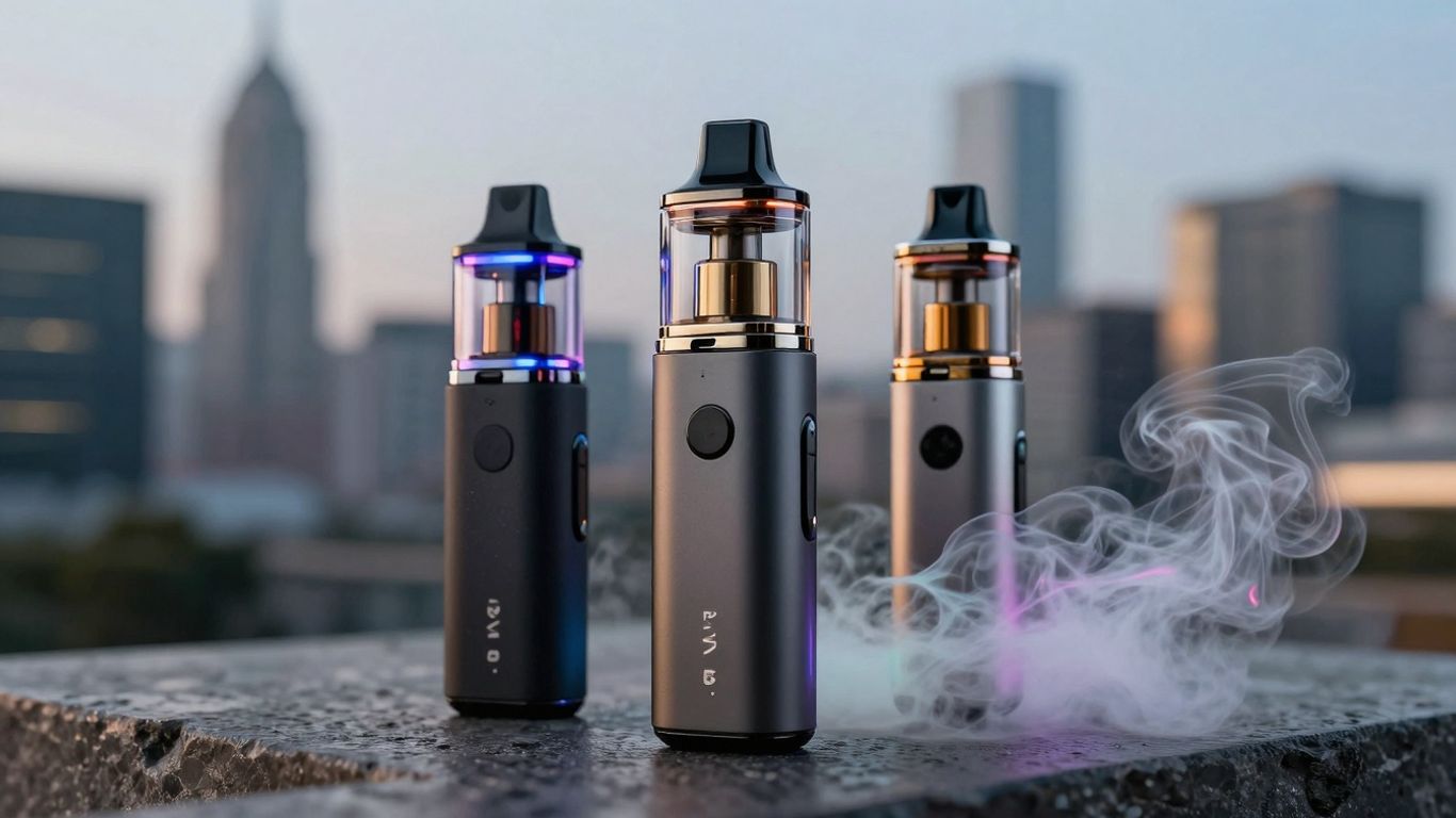 Futuristische Vape-Geräte mit bunten Dampfwolken im Stadtbild.