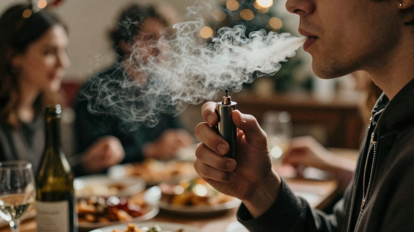 Person dampft an Feiertagen mit festlichem Hintergrund.