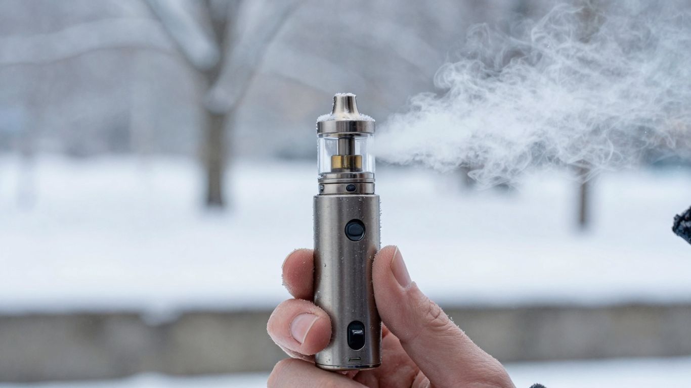 Vape-Gerät im Schnee mit Dampf