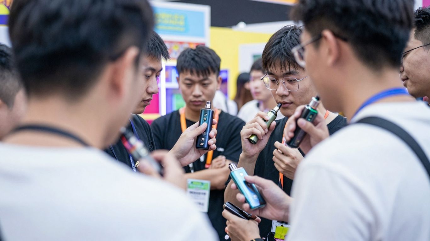 Menschen auf einer Dampfermesse mit Vaping-Geräten.