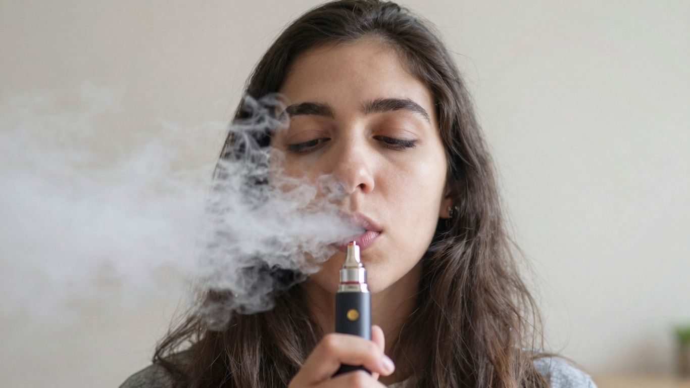 Person inhaliert Dampf aus E-Zigarette, Dampfwolke sichtbar.