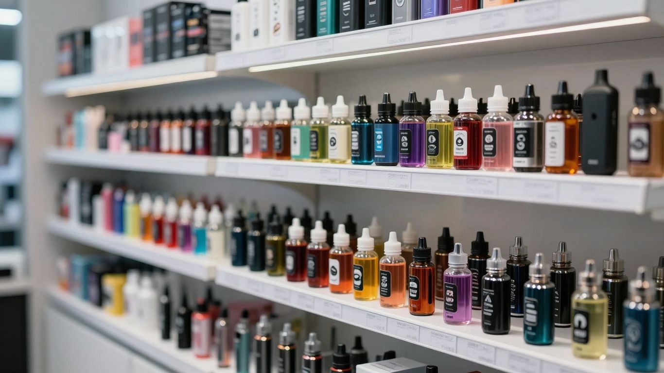 Moderne Vape Shop Inneneinrichtung mit vielen Produkten.