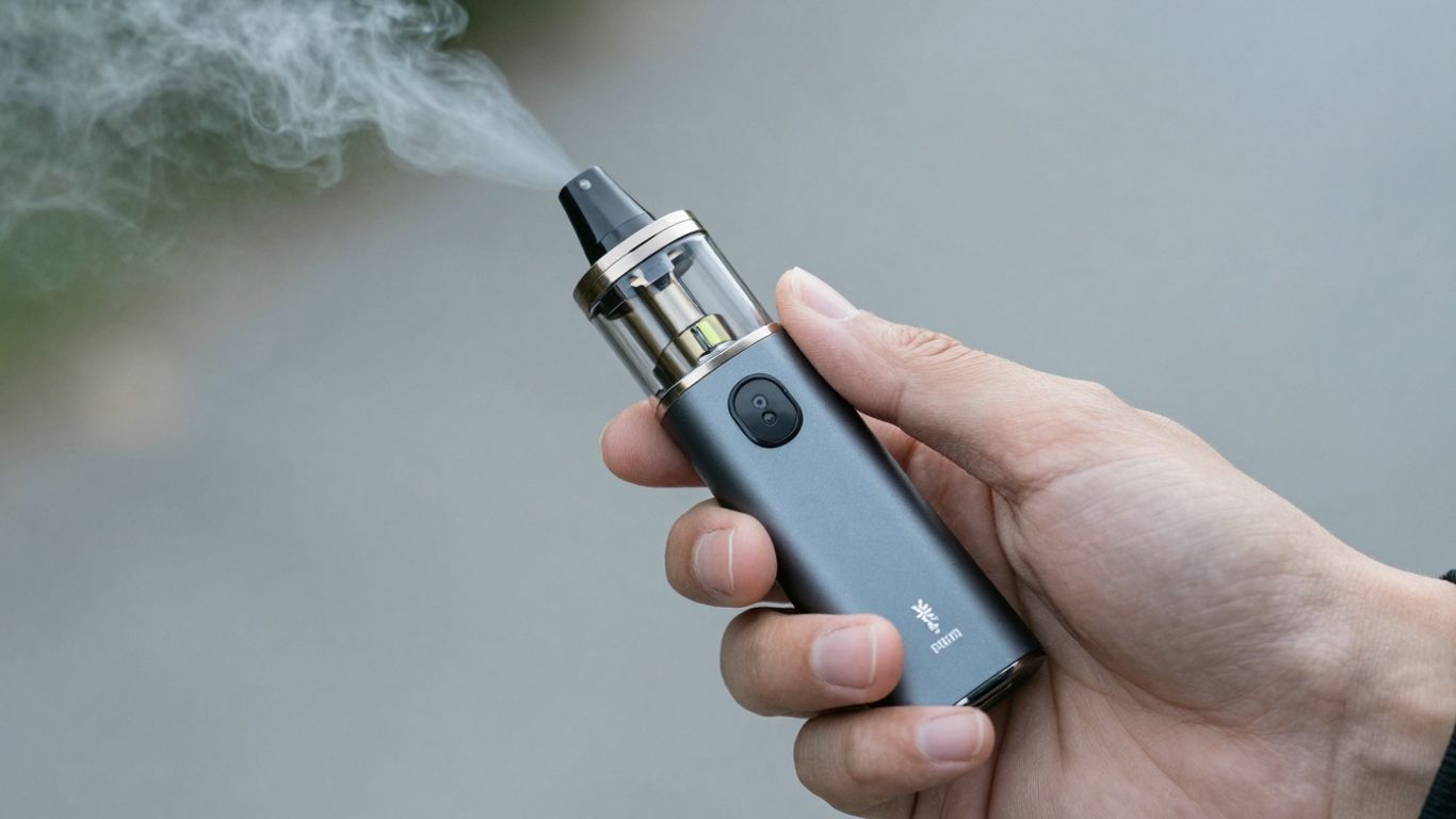 E-Zigarette in der Hand, Dampf steigt auf.