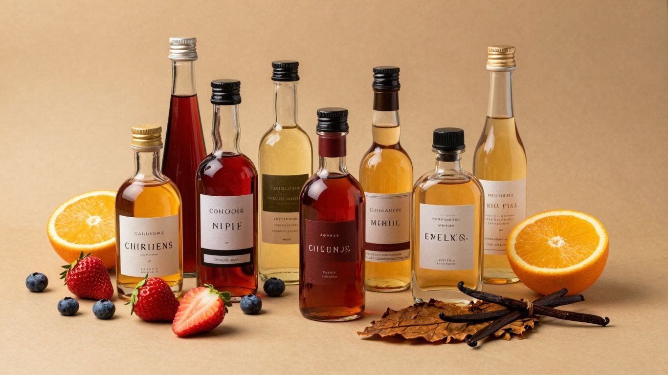 Flaschen mit flüssigen Aromen und Früchten, süß und klassisch.