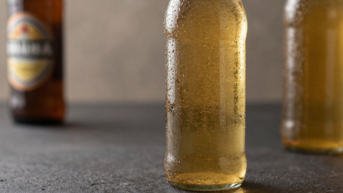 Flasche mit hellem Lagerbier, die auf einer dunklen Oberfläche steht.